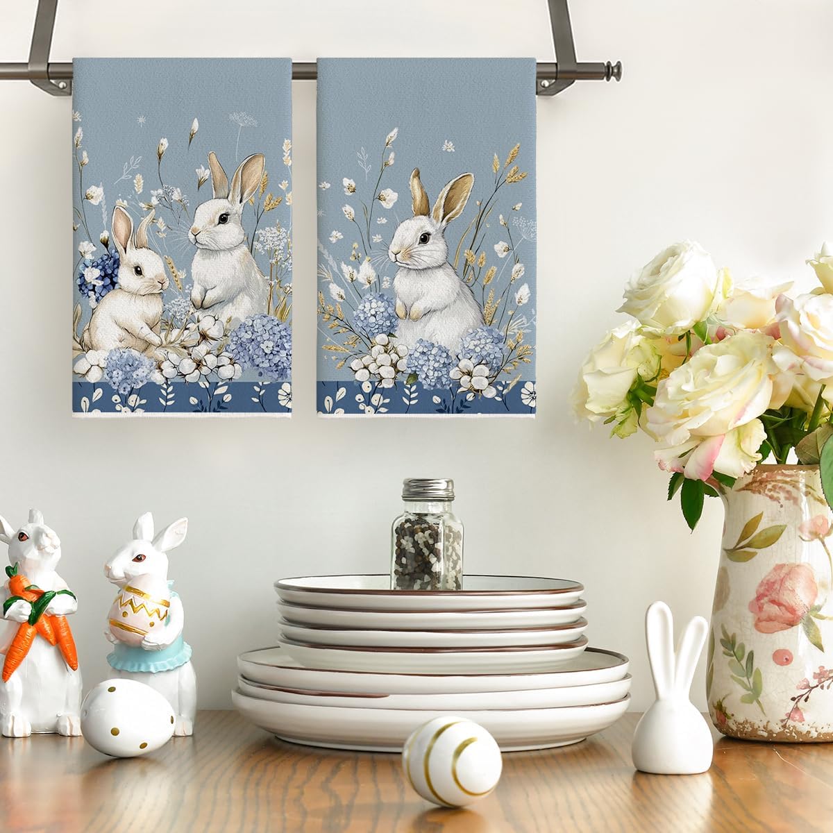 Bunny Hydrangea Easter Kitchen Towels Dish Towels, 18x26 Inch Spring Farmhouse Wild Flowers Decoration Hand Towels Set of 2 - Image 2