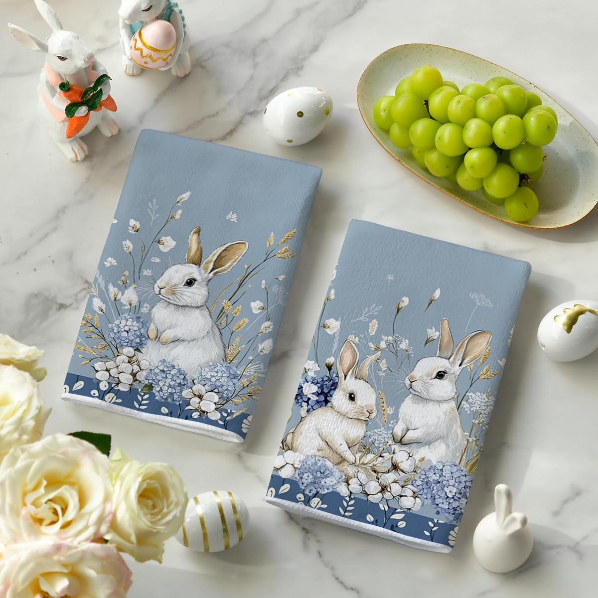 Bunny Hydrangea Easter Kitchen Towels Dish Towels, 18x26 Inch Spring Farmhouse Wild Flowers Decoration Hand Towels Set of 2 - Image 3