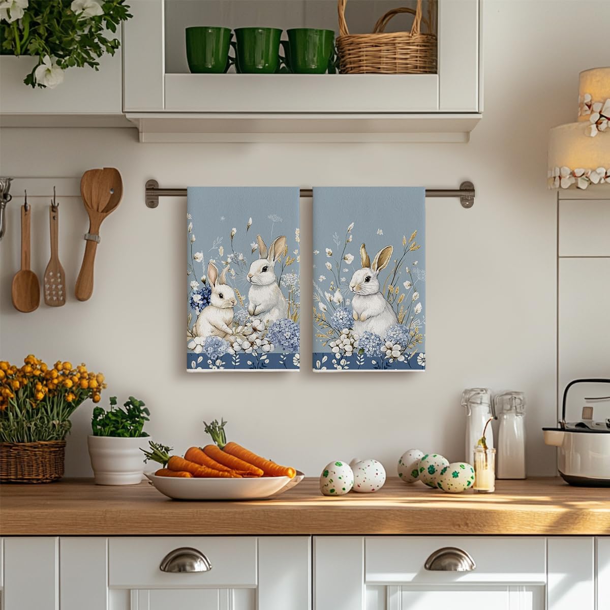 Bunny Hydrangea Easter Kitchen Towels Dish Towels, 18x26 Inch Spring Farmhouse Wild Flowers Decoration Hand Towels Set of 2 - Image 4