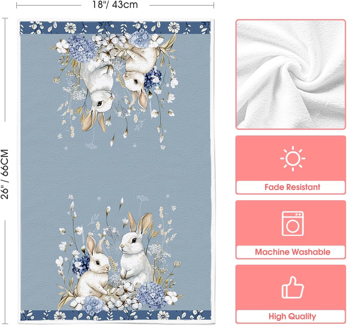 Bunny Hydrangea Easter Kitchen Towels Dish Towels, 18x26 Inch Spring Farmhouse Wild Flowers Decoration Hand Towels Set of 2 - Image 6