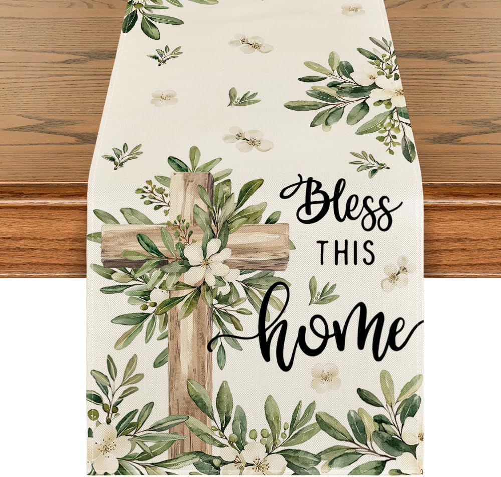 Cross Olive Leaves Spring Table Runner,Seasonal Summer Easter Kitchen Dining Table Decoration for Home Party Decor 13x72 Inch - Image 1