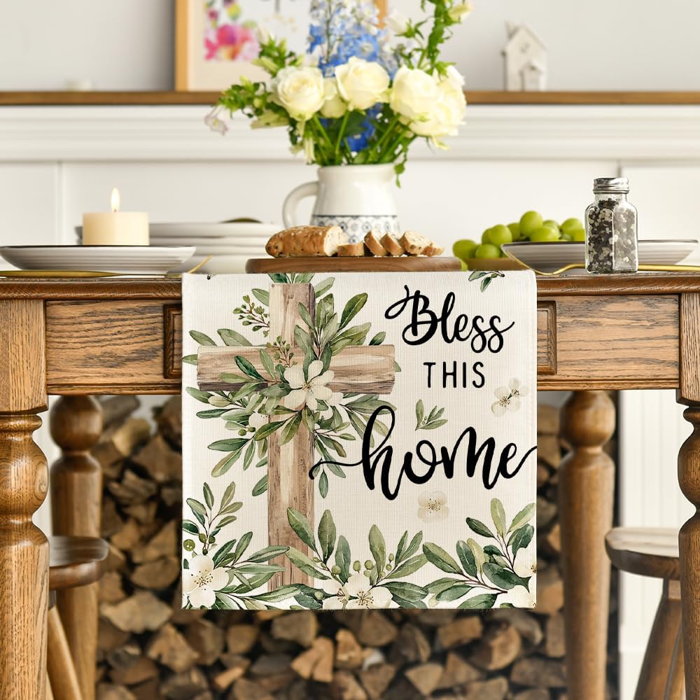 Cross Olive Leaves Spring Table Runner,Seasonal Summer Easter Kitchen Dining Table Decoration for Home Party Decor 13x72 Inch - Image 2