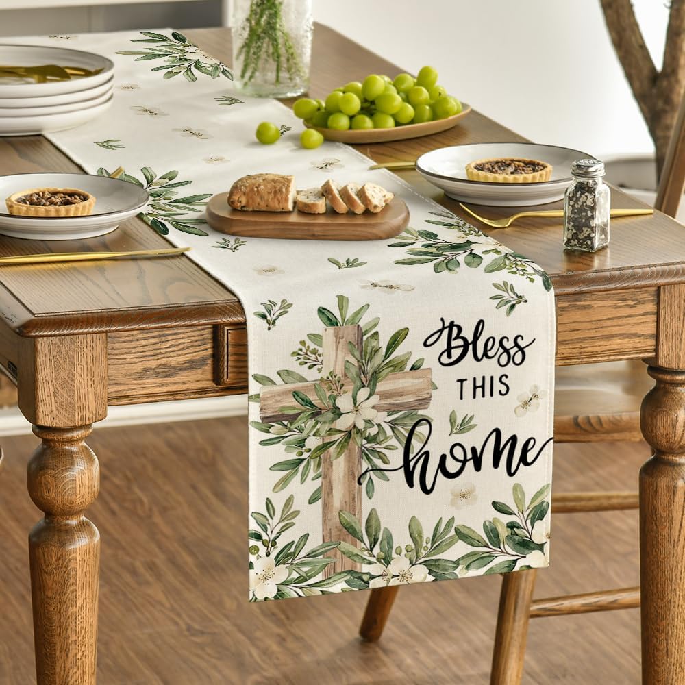 Cross Olive Leaves Spring Table Runner,Seasonal Summer Easter Kitchen Dining Table Decoration for Home Party Decor 13x72 Inch - Image 3