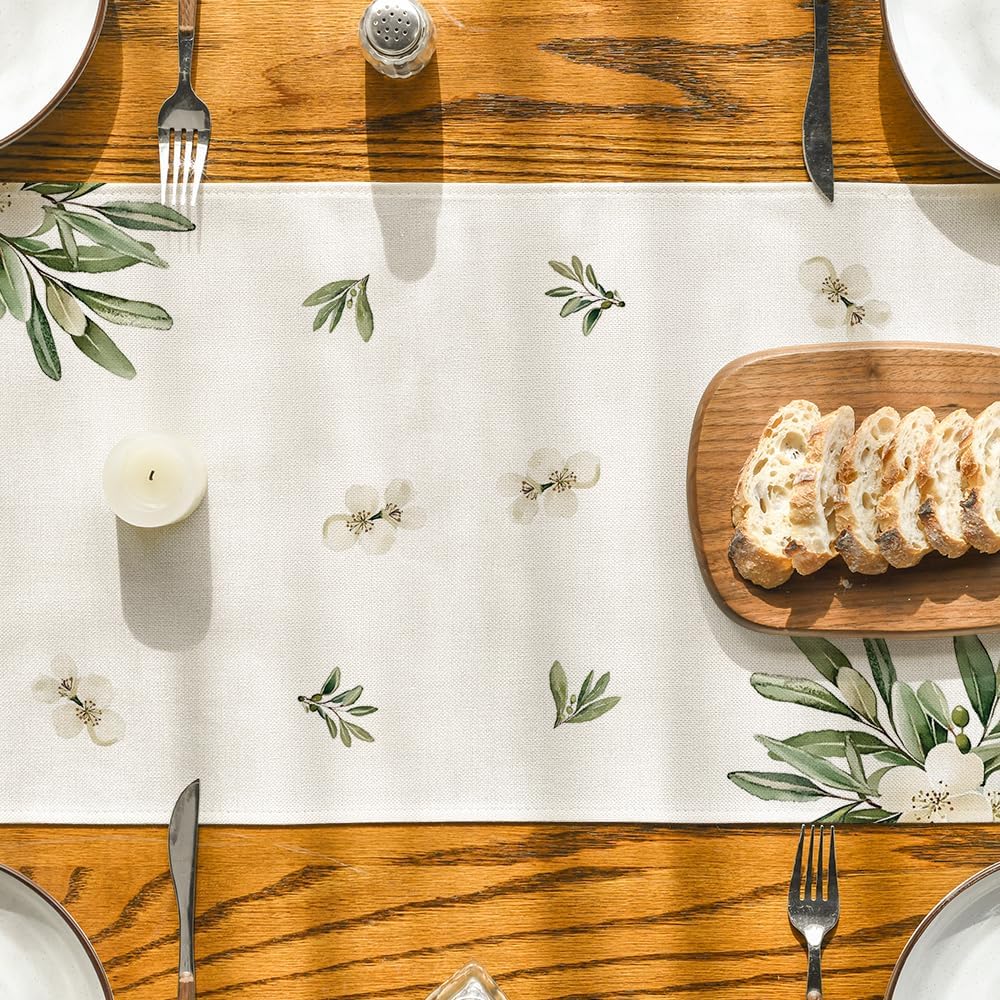 Cross Olive Leaves Spring Table Runner,Seasonal Summer Easter Kitchen Dining Table Decoration for Home Party Decor 13x72 Inch - Image 7
