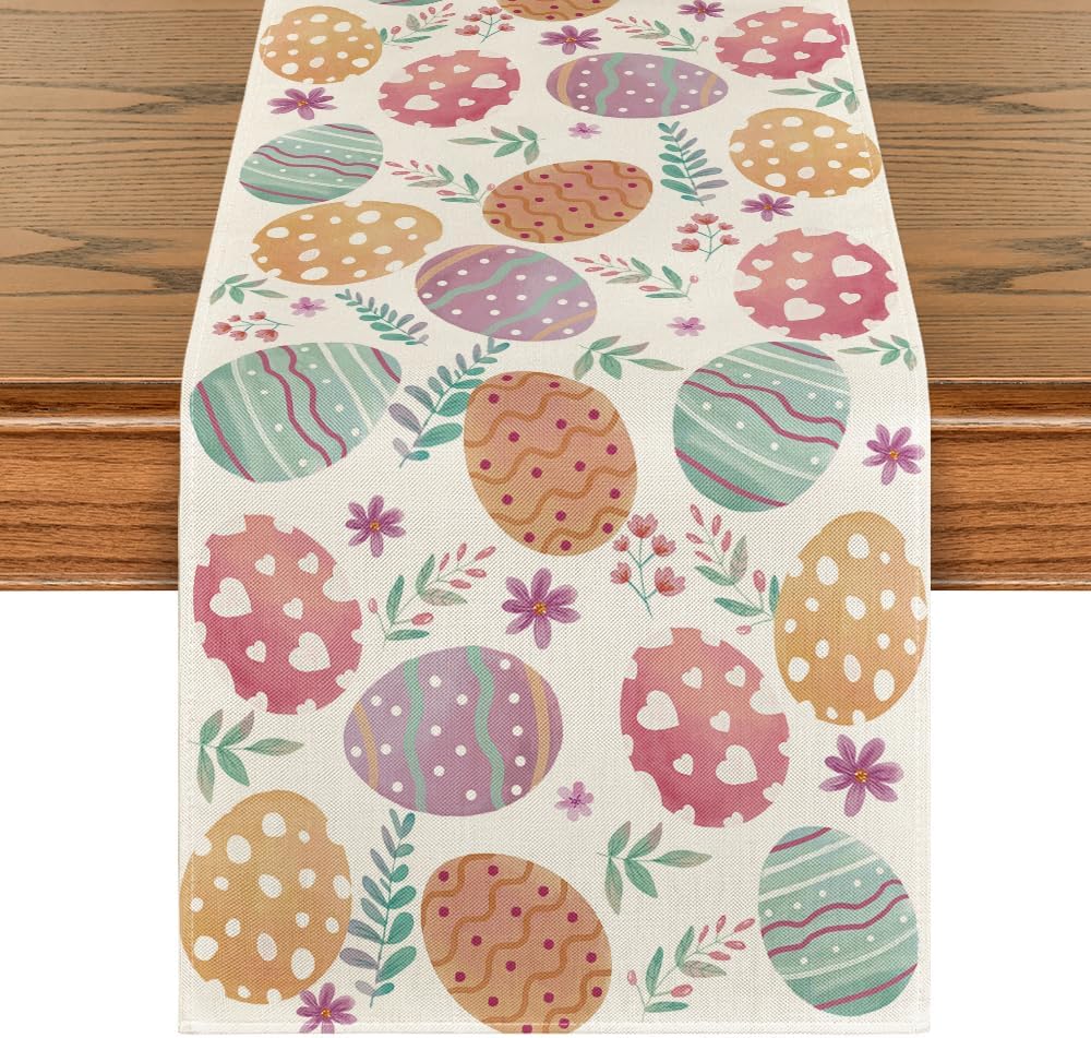 Watercolour Easter Eggs Table Runner, Seasonal Spring Kitchen Dining Table Decoration for Home Party Decor 13x72 Inch - Image 1