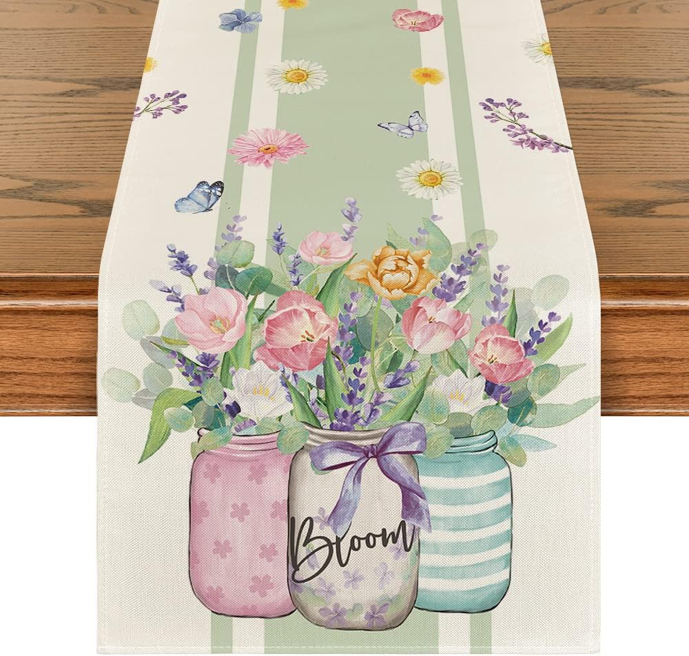Vase Bloom Tulip Lavender Summer Table Runner, Seasonal Spring Kitchen Dining Table Decoration for Home Party Decor 13x72 Inch - Image 1