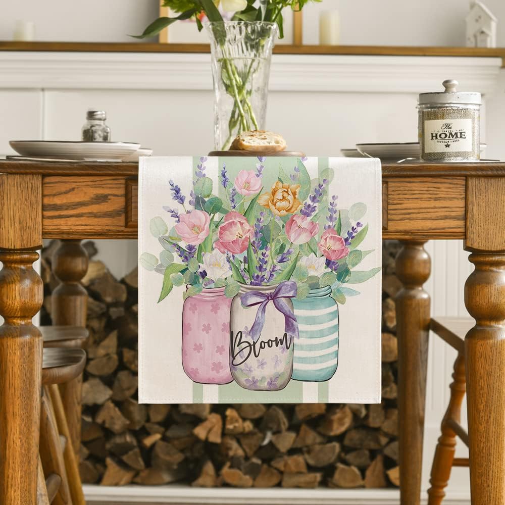 Vase Bloom Tulip Lavender Summer Table Runner, Seasonal Spring Kitchen Dining Table Decoration for Home Party Decor 13x72 Inch - Image 2