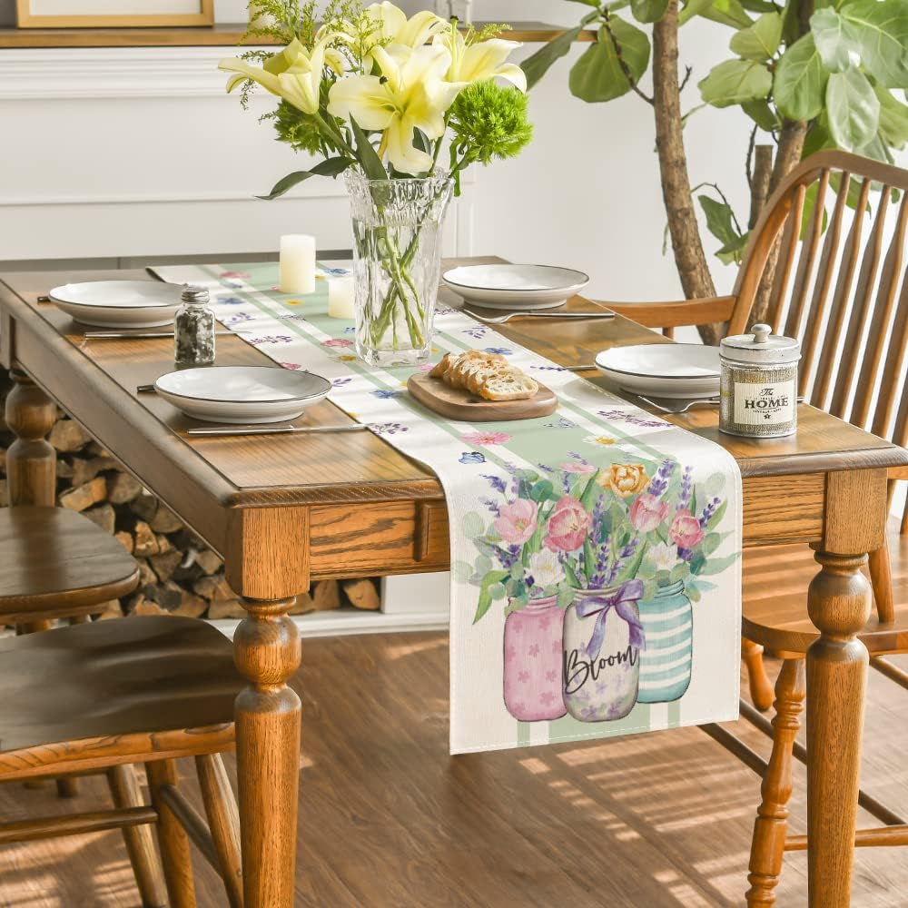 Vase Bloom Tulip Lavender Summer Table Runner, Seasonal Spring Kitchen Dining Table Decoration for Home Party Decor 13x72 Inch - Image 4