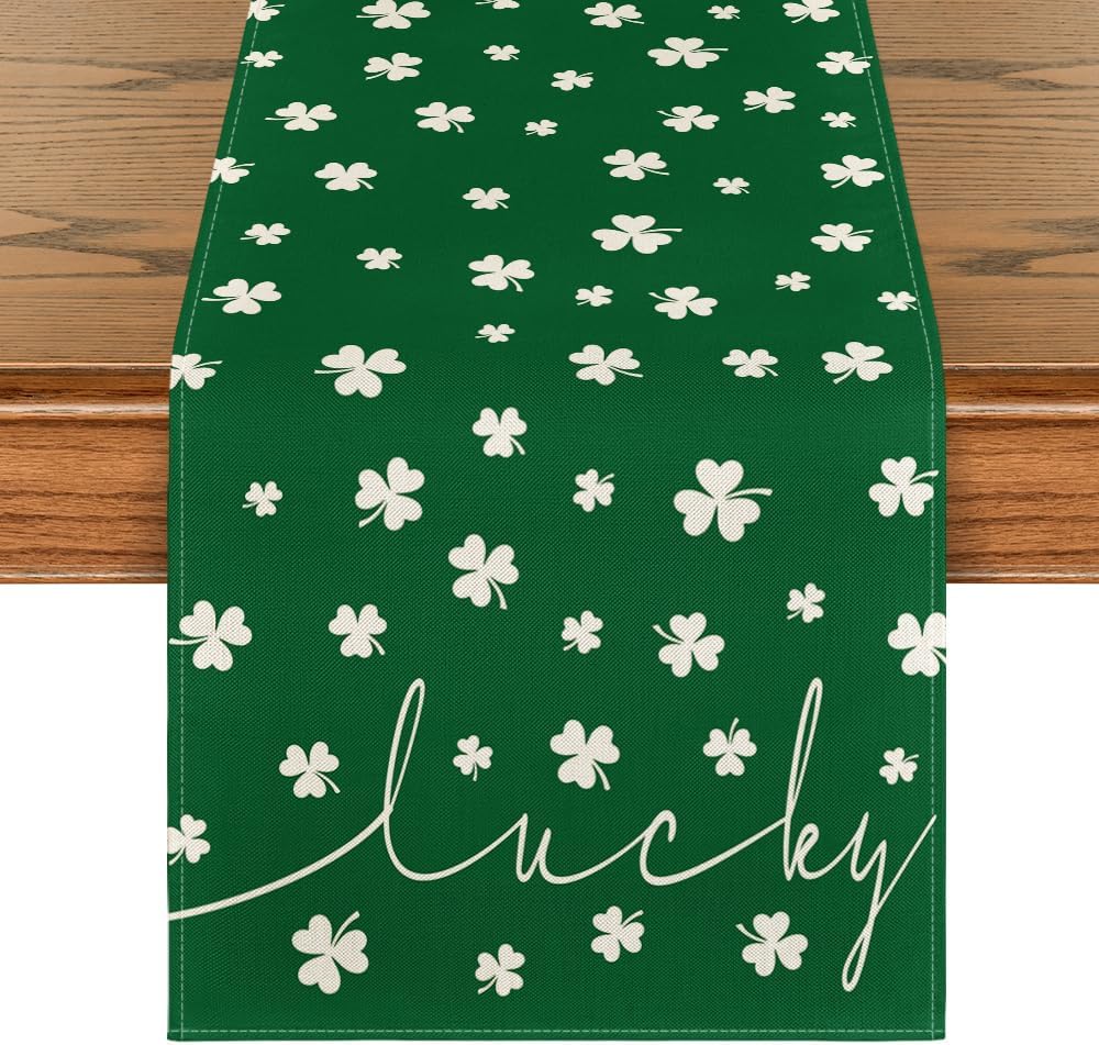 Green Lucky Shamrock St. Patrick's Day Table Runner, Seasonal Spring Holiday Kitchen Dining Table Decoration for Indoor Outdoor Home Party Decor 13 x 72 Inch - Image 1