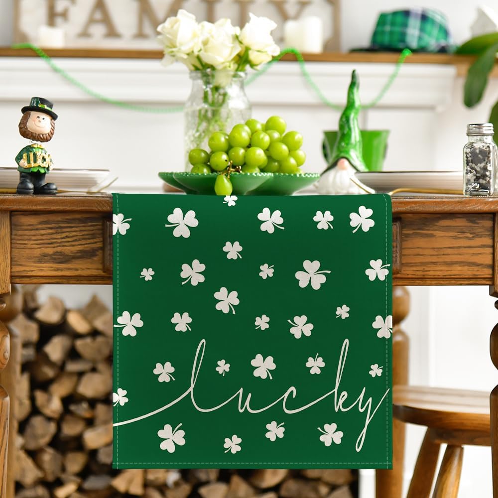 Green Lucky Shamrock St. Patrick's Day Table Runner, Seasonal Spring Holiday Kitchen Dining Table Decoration for Indoor Outdoor Home Party Decor 13 x 72 Inch - Image 2