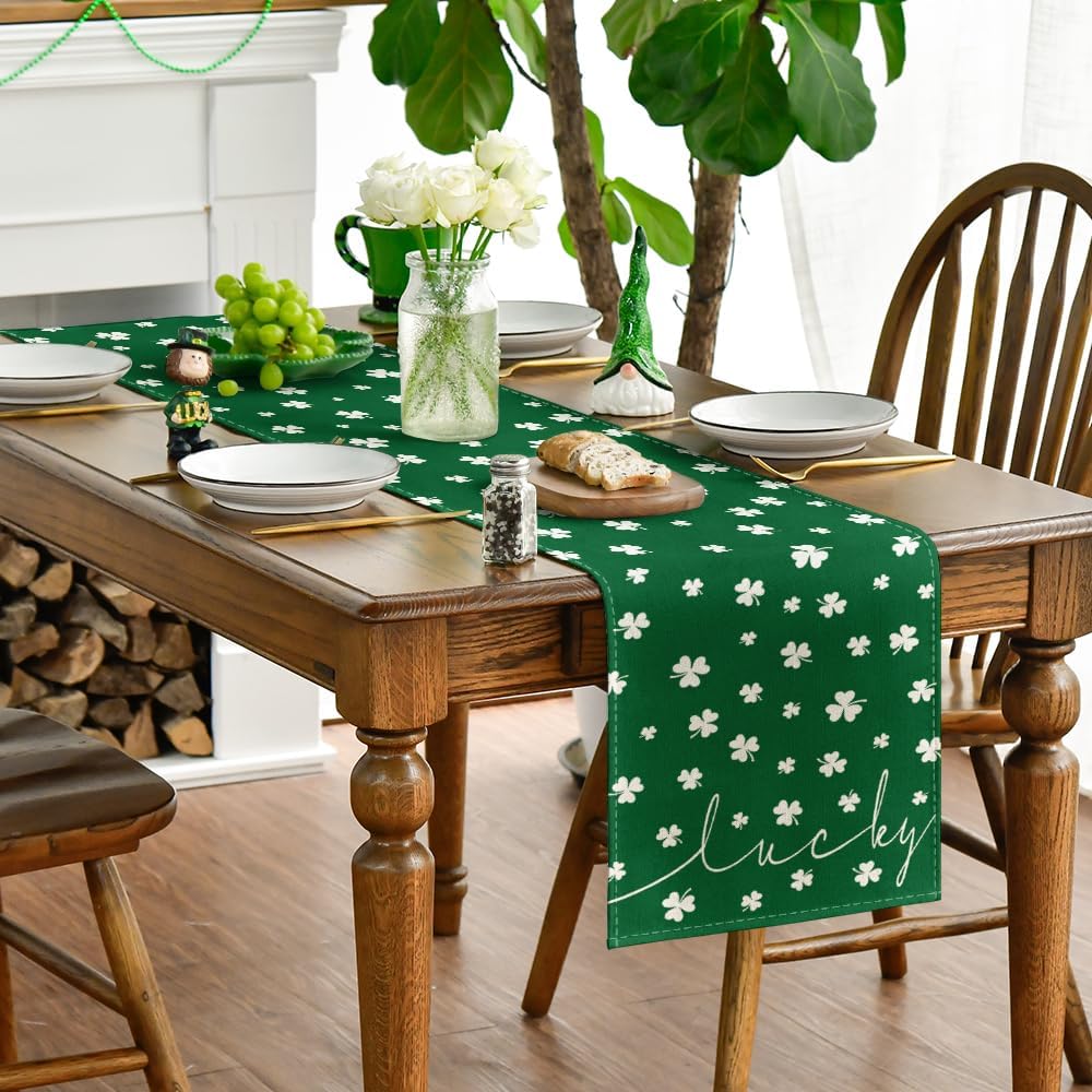 Green Lucky Shamrock St. Patrick's Day Table Runner, Seasonal Spring Holiday Kitchen Dining Table Decoration for Indoor Outdoor Home Party Decor 13 x 72 Inch - Image 3