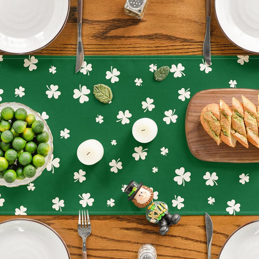 Green Lucky Shamrock St. Patrick's Day Table Runner, Seasonal Spring Holiday Kitchen Dining Table Decoration for Indoor Outdoor Home Party Decor 13 x 72 Inch - Image 5
