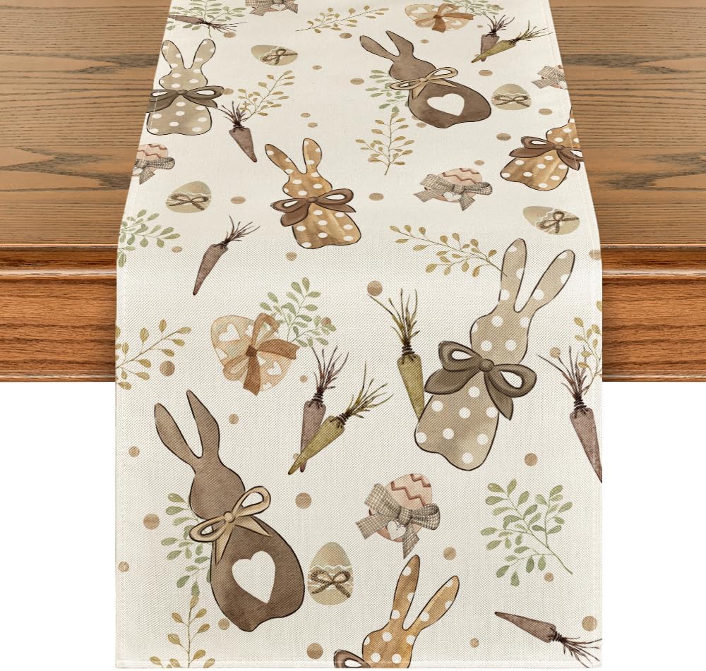 Bunny Rabbit Eucalyptus Eggs Carrots Easter Table Runner, Seasonal Spring Kitchen Dining Table Decoration for Home Party Decor 13x72 Inch - Image 1