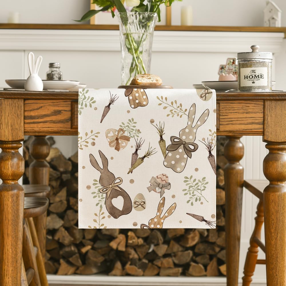 Bunny Rabbit Eucalyptus Eggs Carrots Easter Table Runner, Seasonal Spring Kitchen Dining Table Decoration for Home Party Decor 13x72 Inch - Image 2