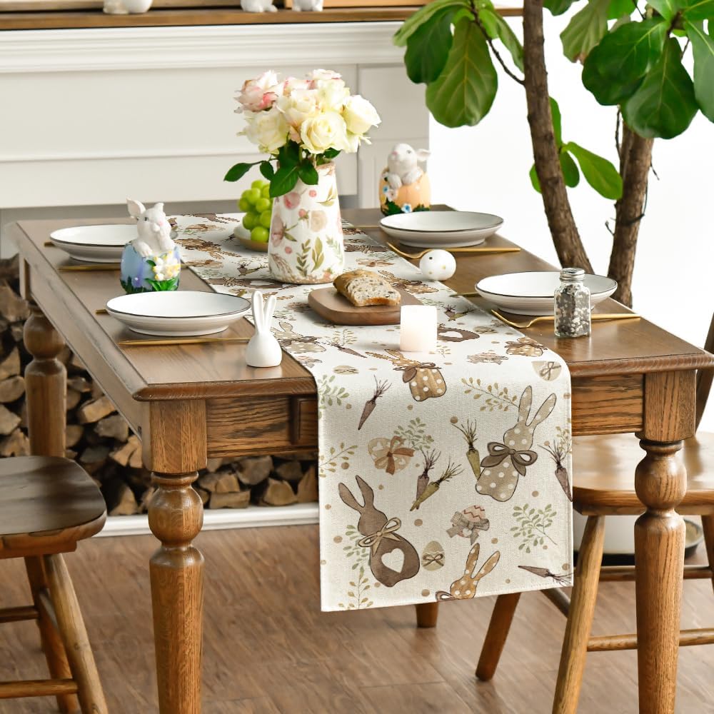 Bunny Rabbit Eucalyptus Eggs Carrots Easter Table Runner, Seasonal Spring Kitchen Dining Table Decoration for Home Party Decor 13x72 Inch - Image 3
