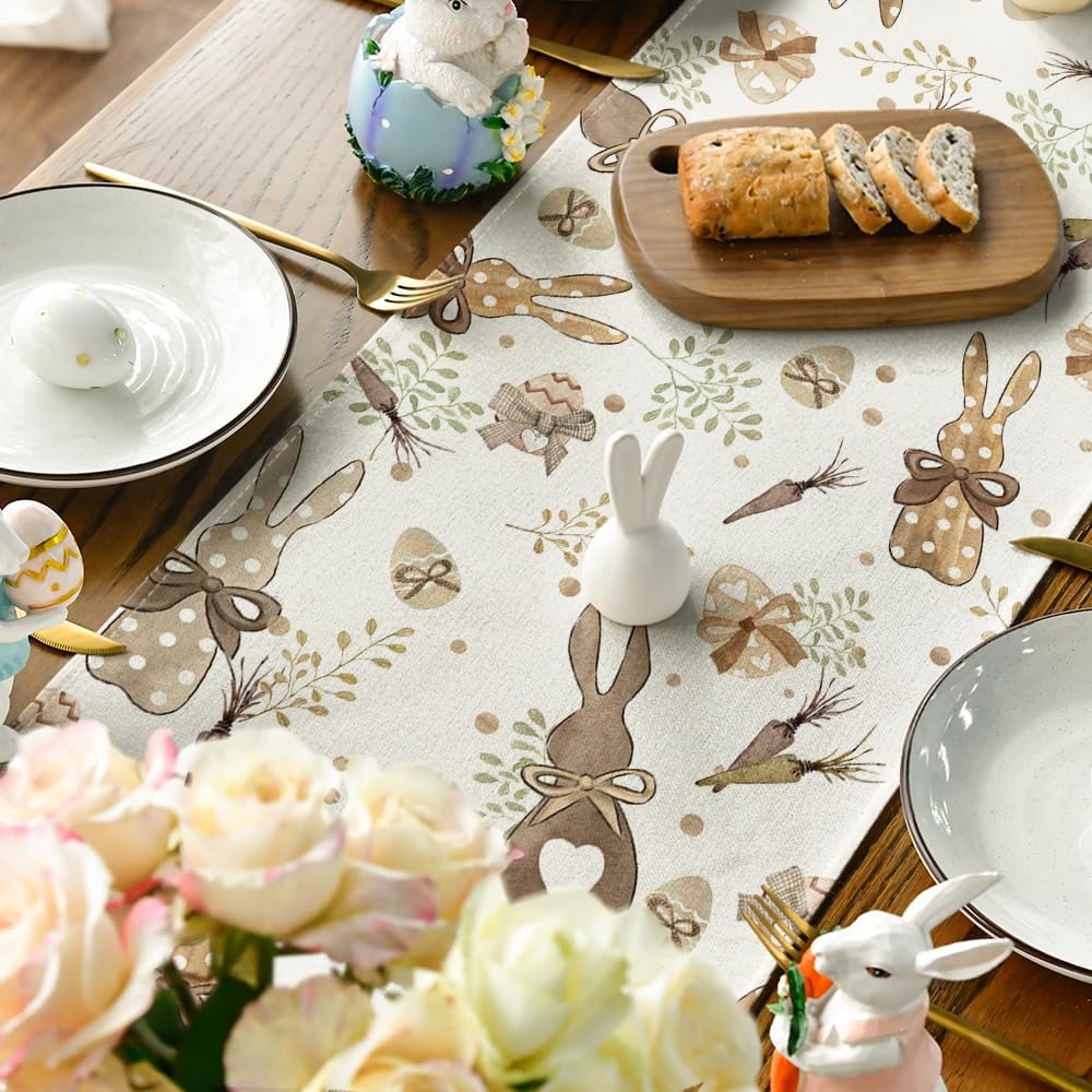 Bunny Rabbit Eucalyptus Eggs Carrots Easter Table Runner, Seasonal Spring Kitchen Dining Table Decoration for Home Party Decor 13x72 Inch - Image 4