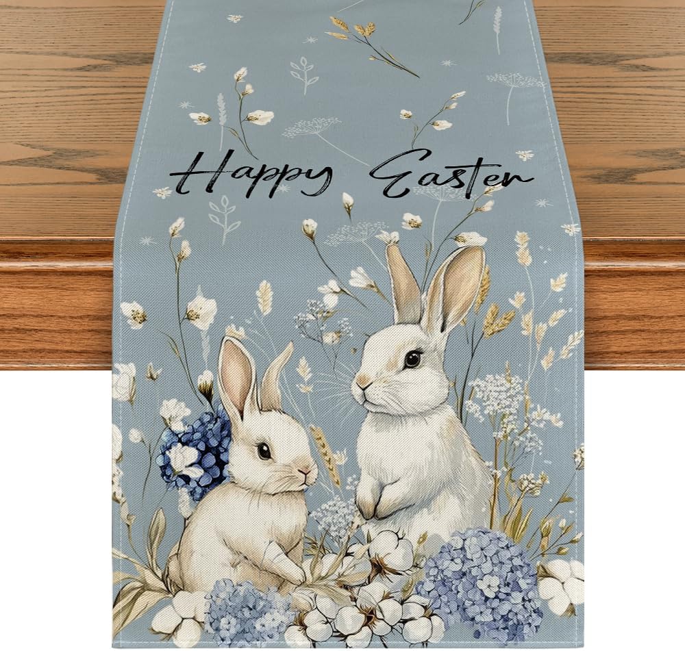 Bunny Rabbit Hydrangea Happy Easter Table Runner, Seasonal Spring Kitchen Dining Table Decoration for Home Party Decor 13x72 Inch - Image 1