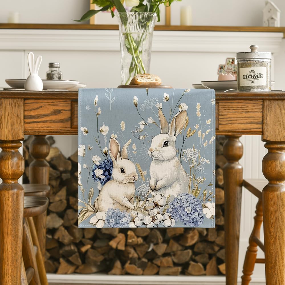 Bunny Rabbit Hydrangea Happy Easter Table Runner, Seasonal Spring Kitchen Dining Table Decoration for Home Party Decor 13x72 Inch - Image 2