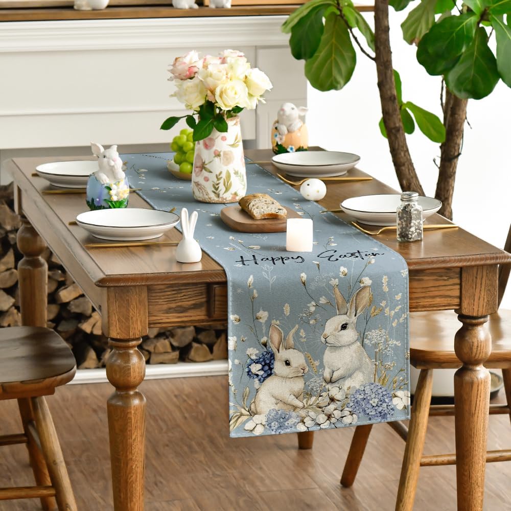 Bunny Rabbit Hydrangea Happy Easter Table Runner, Seasonal Spring Kitchen Dining Table Decoration for Home Party Decor 13x72 Inch - Image 3