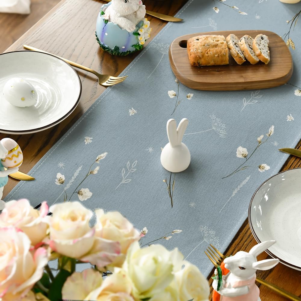 Bunny Rabbit Hydrangea Happy Easter Table Runner, Seasonal Spring Kitchen Dining Table Decoration for Home Party Decor 13x72 Inch - Image 4