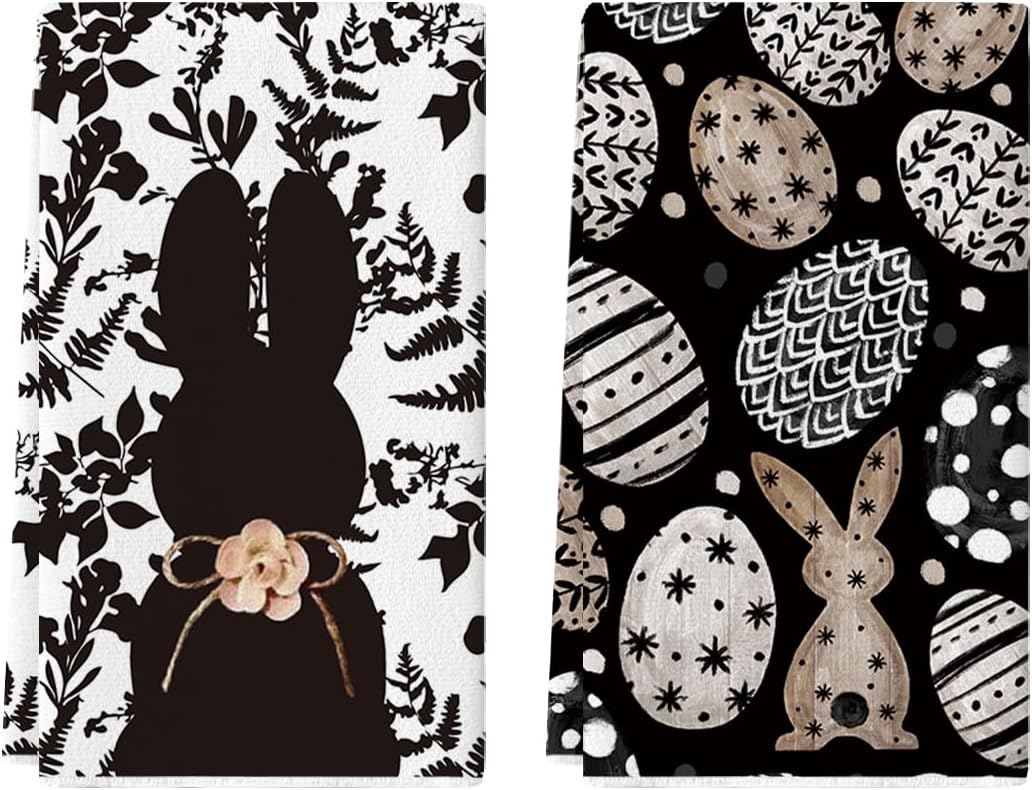 Black Bunny Eggs Flower Easter Kitchen Towels Dish Towels, 18x26 Inch Spring Farmhouse Leaves Decoration Hand Towels Set of 2 - Image 1
