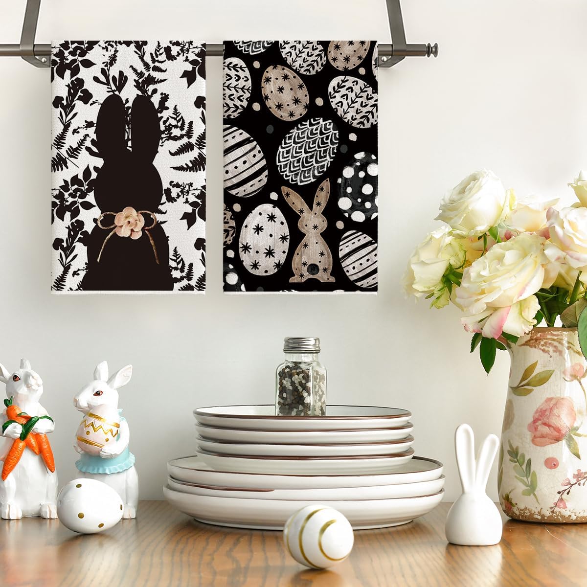 Black Bunny Eggs Flower Easter Kitchen Towels Dish Towels, 18x26 Inch Spring Farmhouse Leaves Decoration Hand Towels Set of 2 - Image 2
