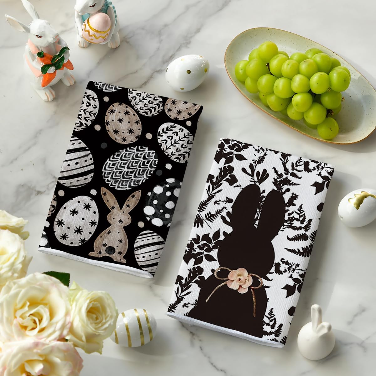 Black Bunny Eggs Flower Easter Kitchen Towels Dish Towels, 18x26 Inch Spring Farmhouse Leaves Decoration Hand Towels Set of 2 - Image 3