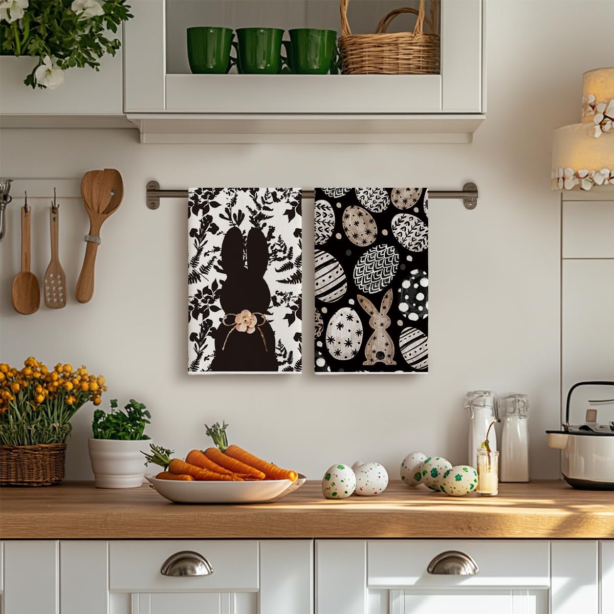 Black Bunny Eggs Flower Easter Kitchen Towels Dish Towels, 18x26 Inch Spring Farmhouse Leaves Decoration Hand Towels Set of 2 - Image 4