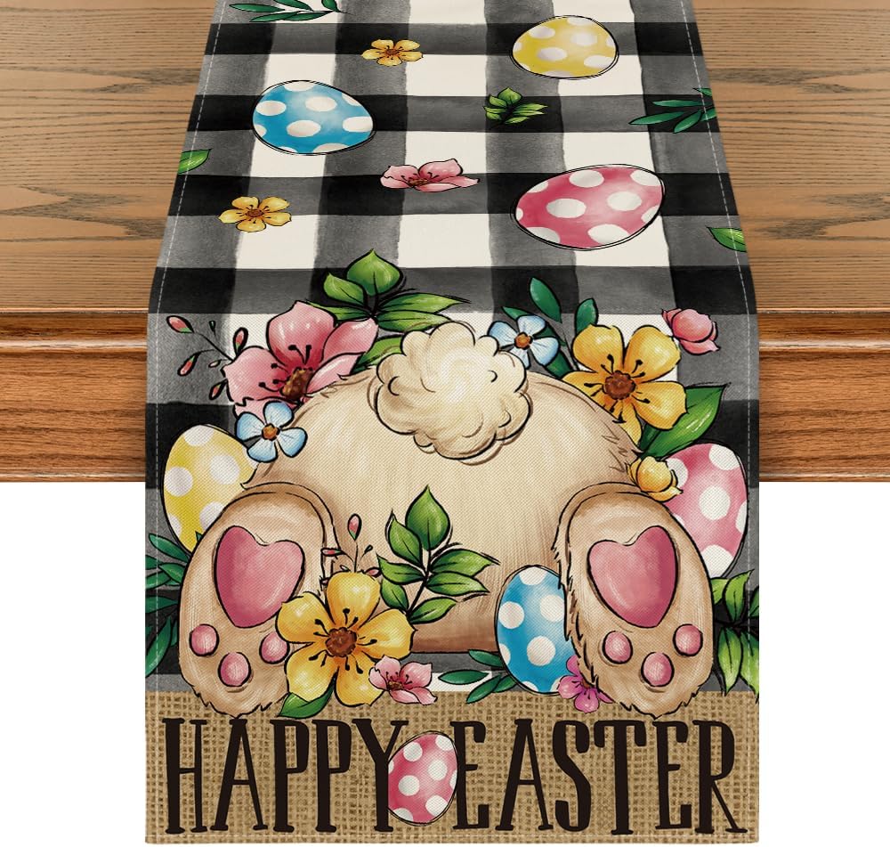 Buffalo Plaid Bunny Egg Flowers Happy Easter Table Runner, Seasonal Spring Kitchen Dining Table Decor for Home Party Decor 13x72 Inch - Image 1
