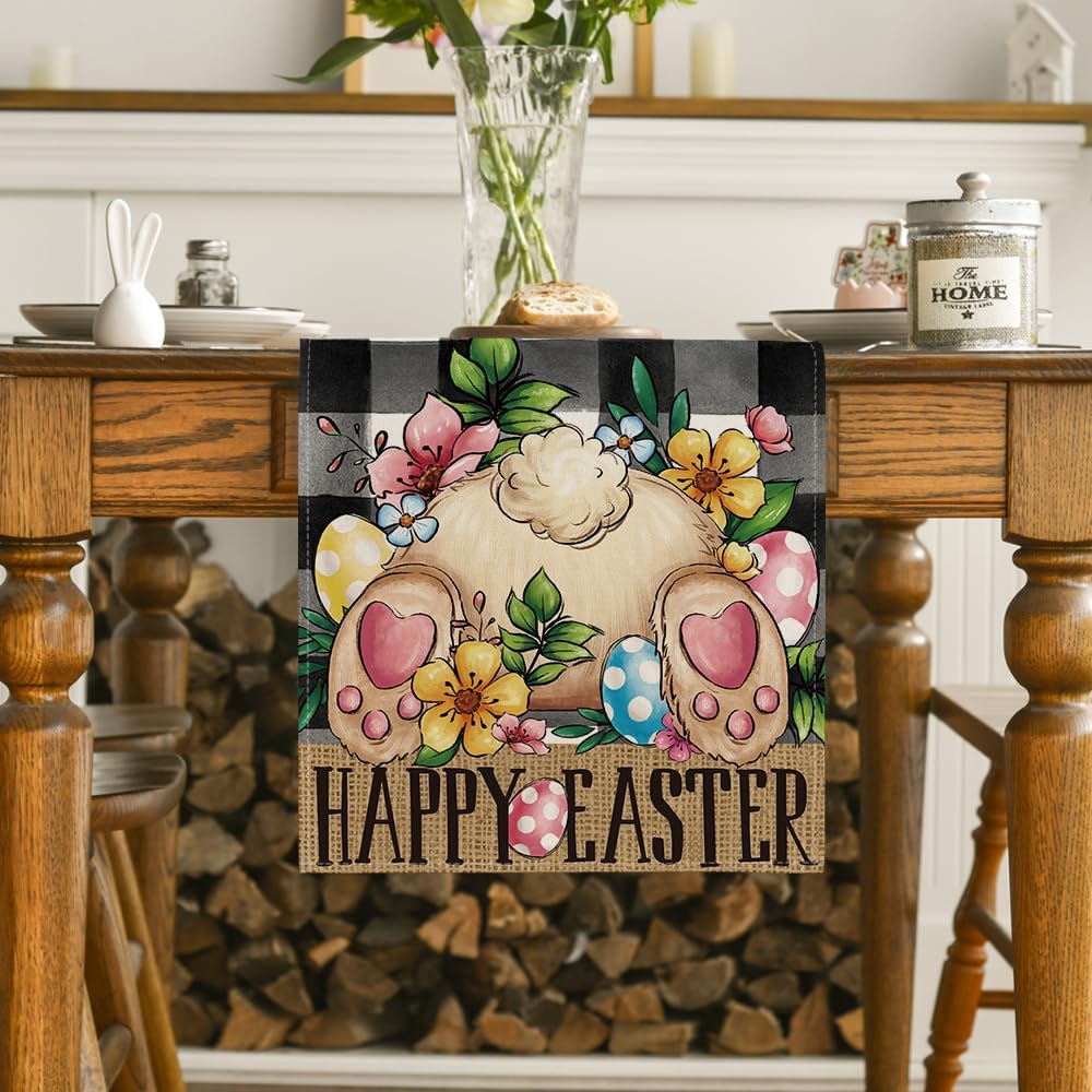 Buffalo Plaid Bunny Egg Flowers Happy Easter Table Runner, Seasonal Spring Kitchen Dining Table Decor for Home Party Decor 13x72 Inch - Image 2