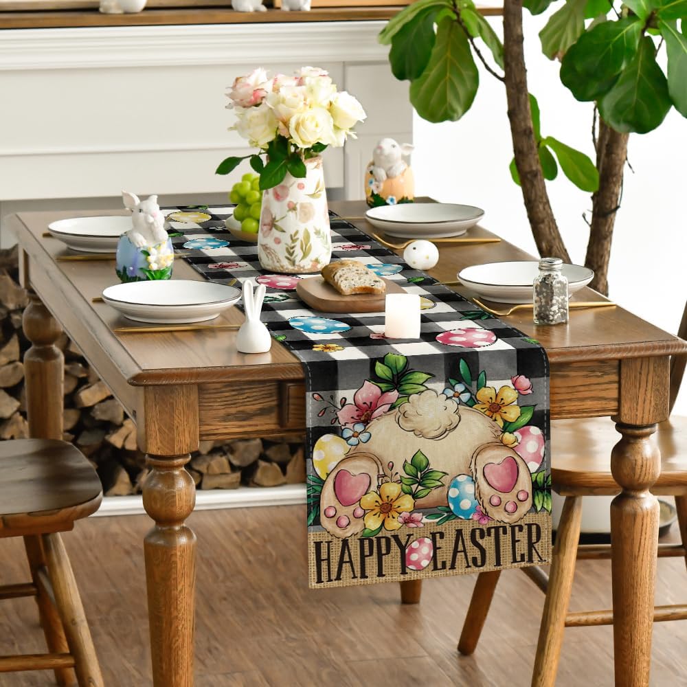 Buffalo Plaid Bunny Egg Flowers Happy Easter Table Runner, Seasonal Spring Kitchen Dining Table Decor for Home Party Decor 13x72 Inch - Image 3