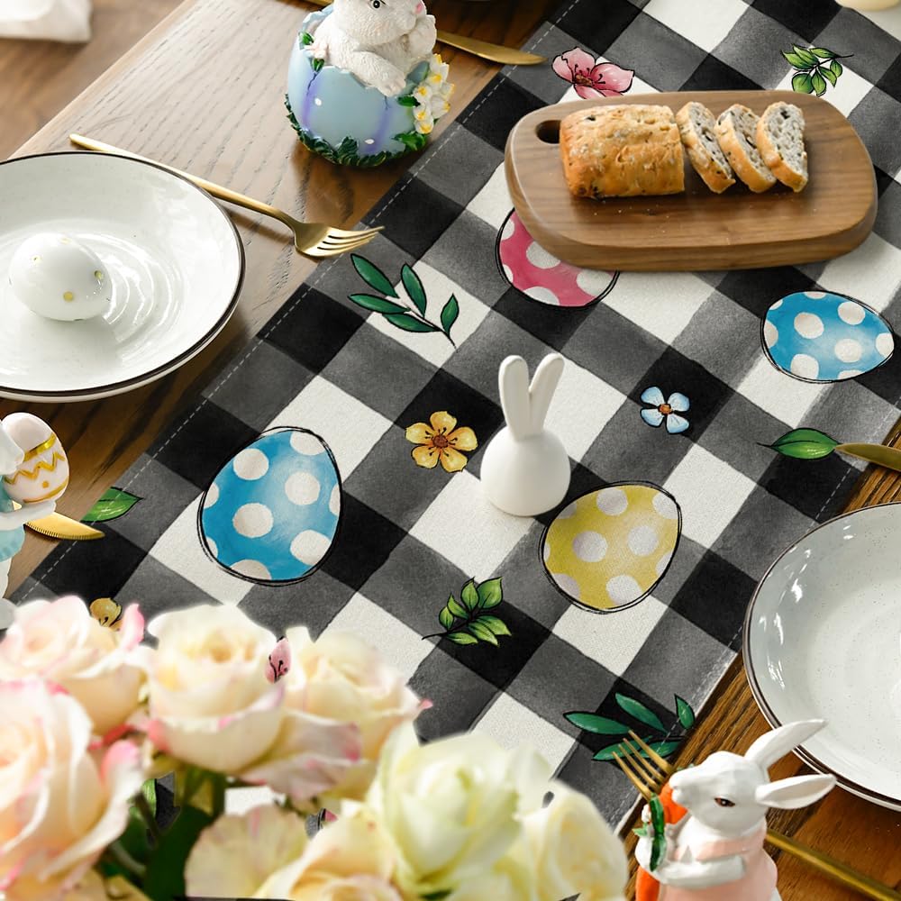 Buffalo Plaid Bunny Egg Flowers Happy Easter Table Runner, Seasonal Spring Kitchen Dining Table Decor for Home Party Decor 13x72 Inch - Image 4
