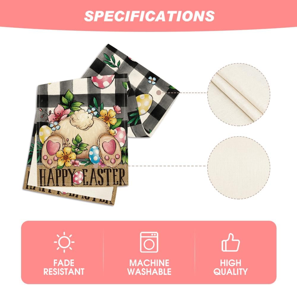 Buffalo Plaid Bunny Egg Flowers Happy Easter Table Runner, Seasonal Spring Kitchen Dining Table Decor for Home Party Decor 13x72 Inch - Image 5