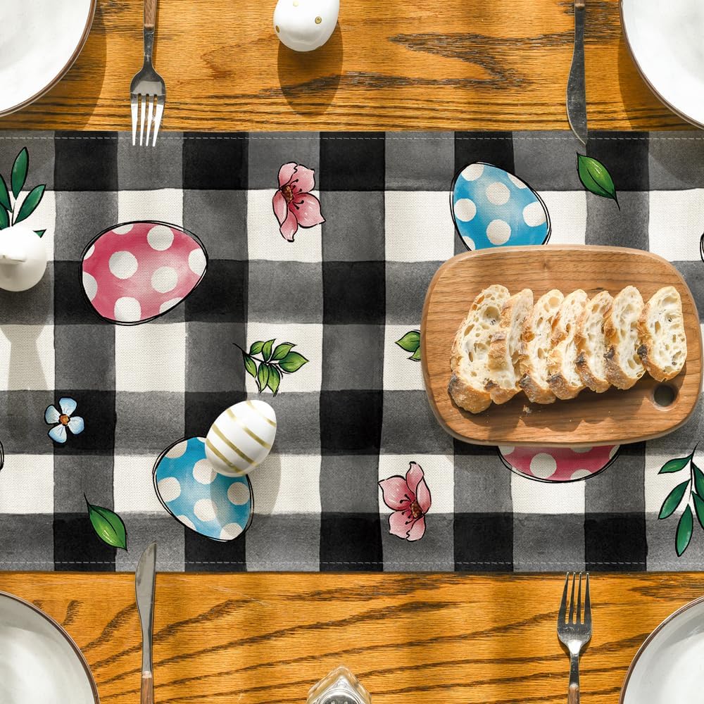 Buffalo Plaid Bunny Egg Flowers Happy Easter Table Runner, Seasonal Spring Kitchen Dining Table Decor for Home Party Decor 13x72 Inch - Image 7