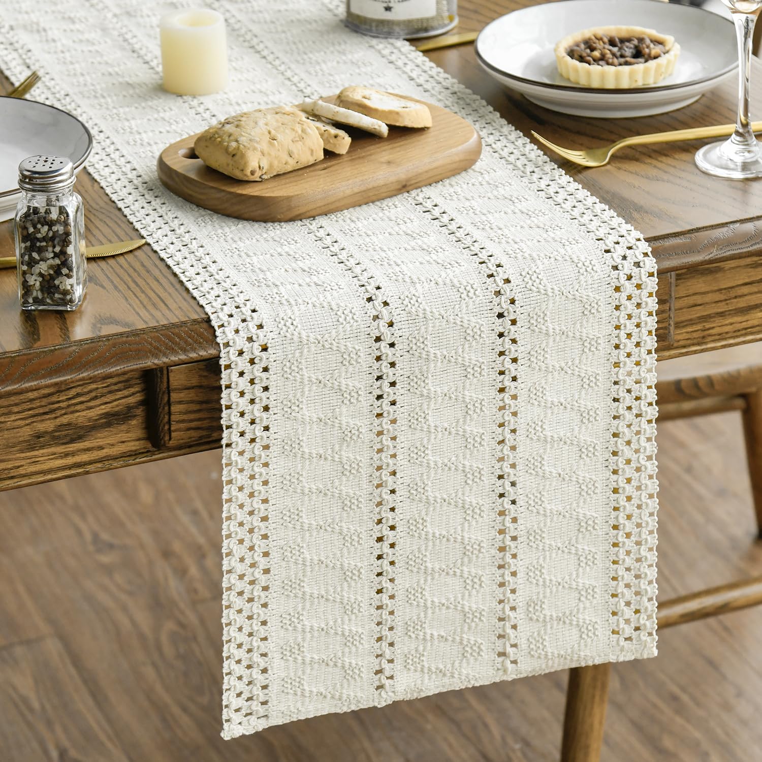 Beige Farmhouse Woven Rustic Hollow Table Runner, Seasonal Holiday Hollow Kitchen Dining Table Decoration for Home Party Decor 12x72 Inch - Image 1