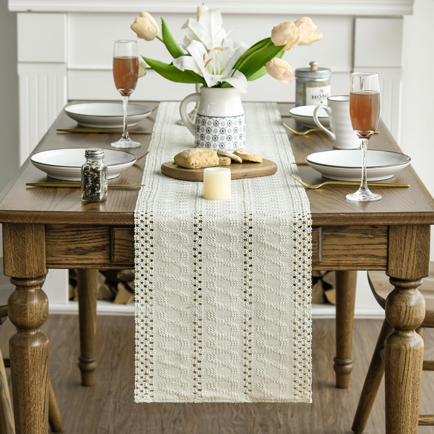 Beige Farmhouse Woven Rustic Hollow Table Runner, Seasonal Holiday Hollow Kitchen Dining Table Decoration for Home Party Decor 12x72 Inch - Image 2