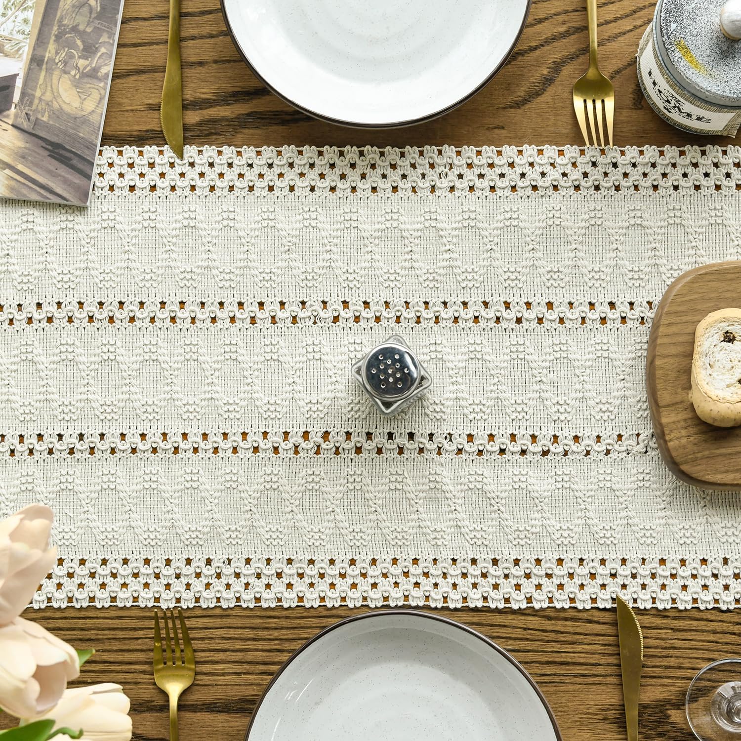 Beige Farmhouse Woven Rustic Hollow Table Runner, Seasonal Holiday Hollow Kitchen Dining Table Decoration for Home Party Decor 12x72 Inch - Image 3