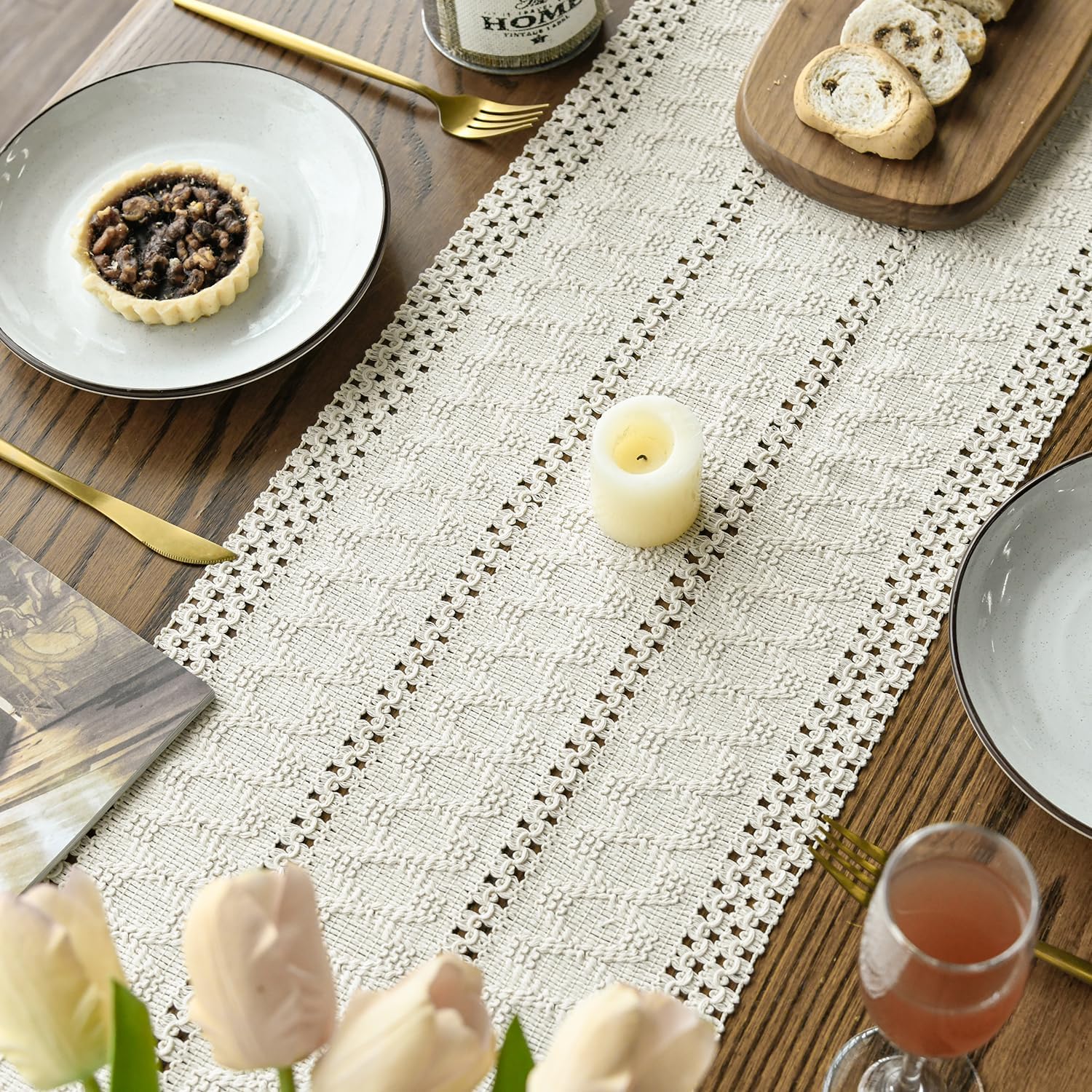 Beige Farmhouse Woven Rustic Hollow Table Runner, Seasonal Holiday Hollow Kitchen Dining Table Decoration for Home Party Decor 12x72 Inch - Image 4
