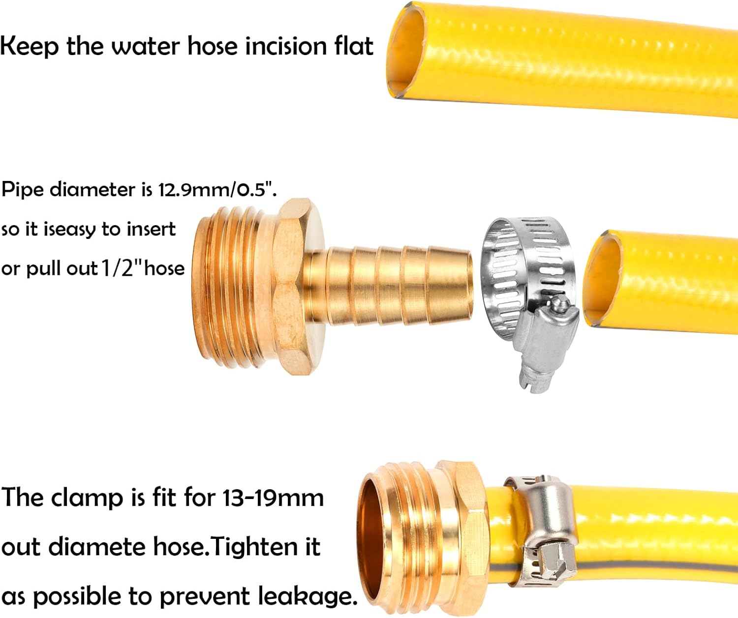 Brass Garden Hose Connector Repair Mender Kit with Stainless Clamp,Fits 1/2