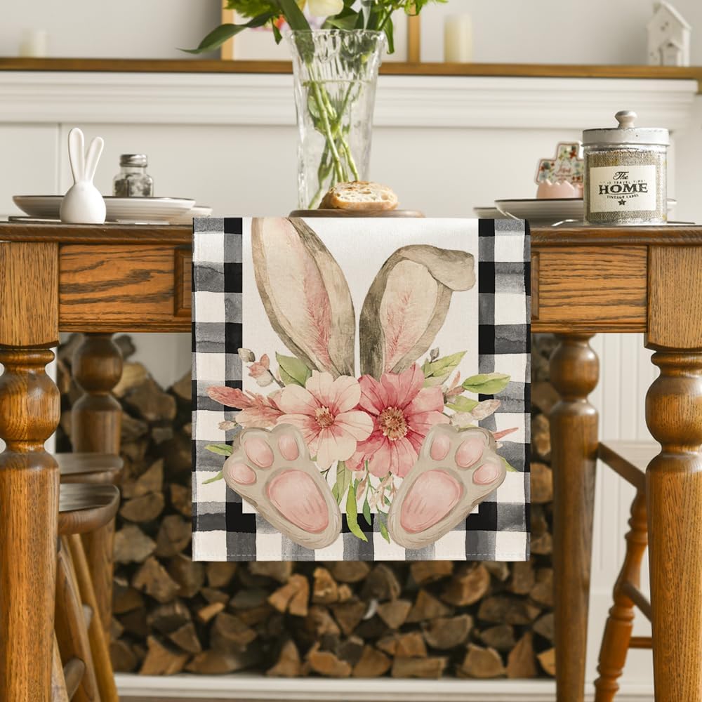Buffalo Plaid Bunny Ear Foot Flower Easter Table Runner, Seasonal Spring Kitchen Dining Table Decoration for Home Party Decor 13x72 Inch - Image 2