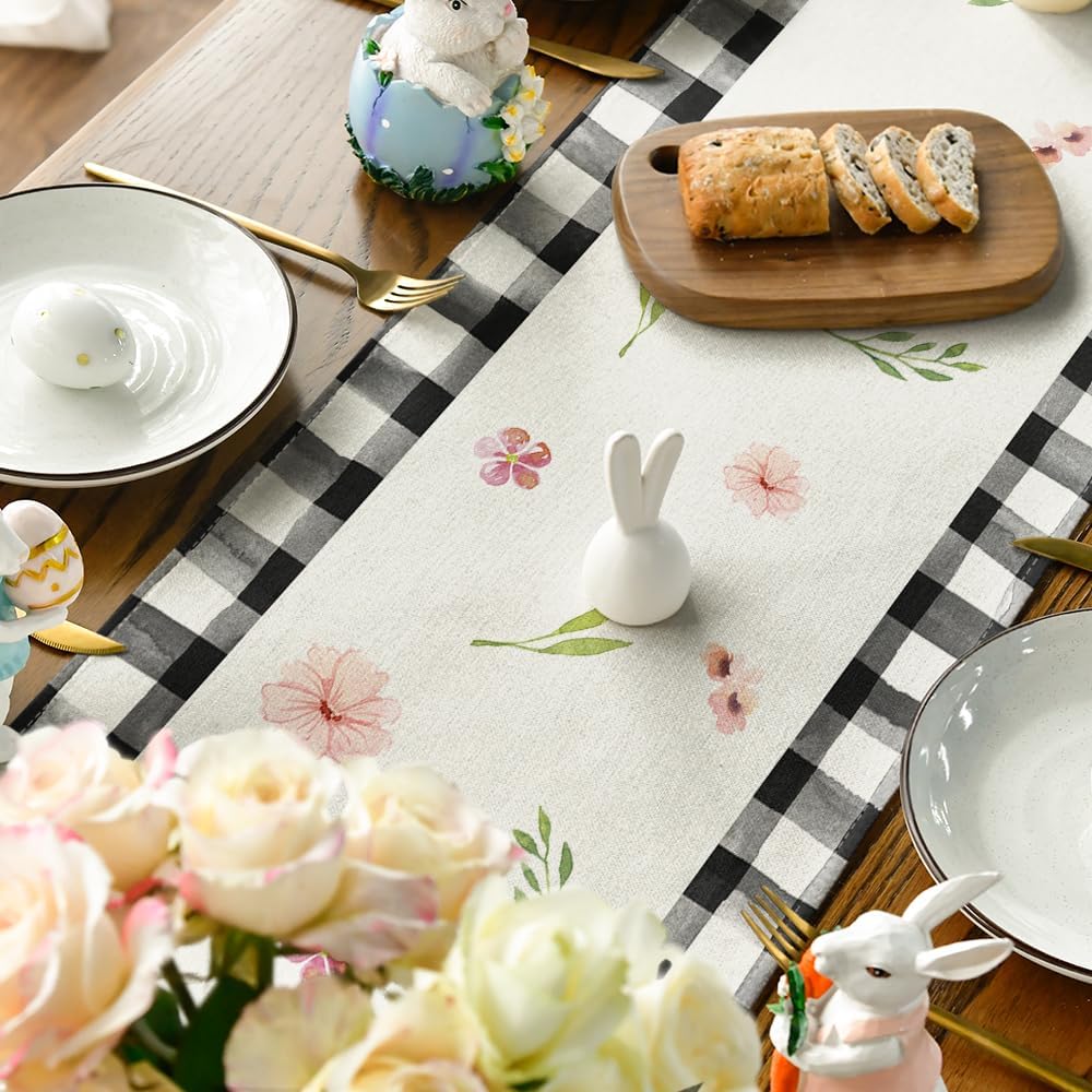 Buffalo Plaid Bunny Ear Foot Flower Easter Table Runner, Seasonal Spring Kitchen Dining Table Decoration for Home Party Decor 13x72 Inch - Image 4