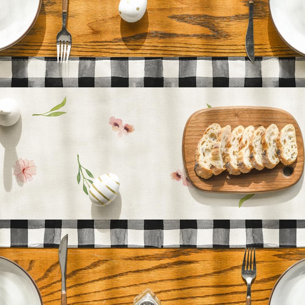 Buffalo Plaid Bunny Ear Foot Flower Easter Table Runner, Seasonal Spring Kitchen Dining Table Decoration for Home Party Decor 13x72 Inch - Image 7