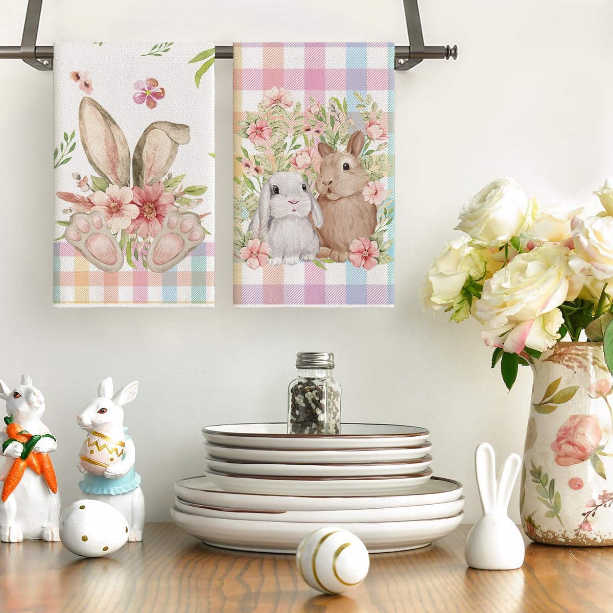 Colorful Buffalo Plaid Bunny Rabbit Flower Easter Kitchen Towels Dish Towels, 18x26 Inch Seasonal Decoration Hand Towels Set of 2 - Image 2