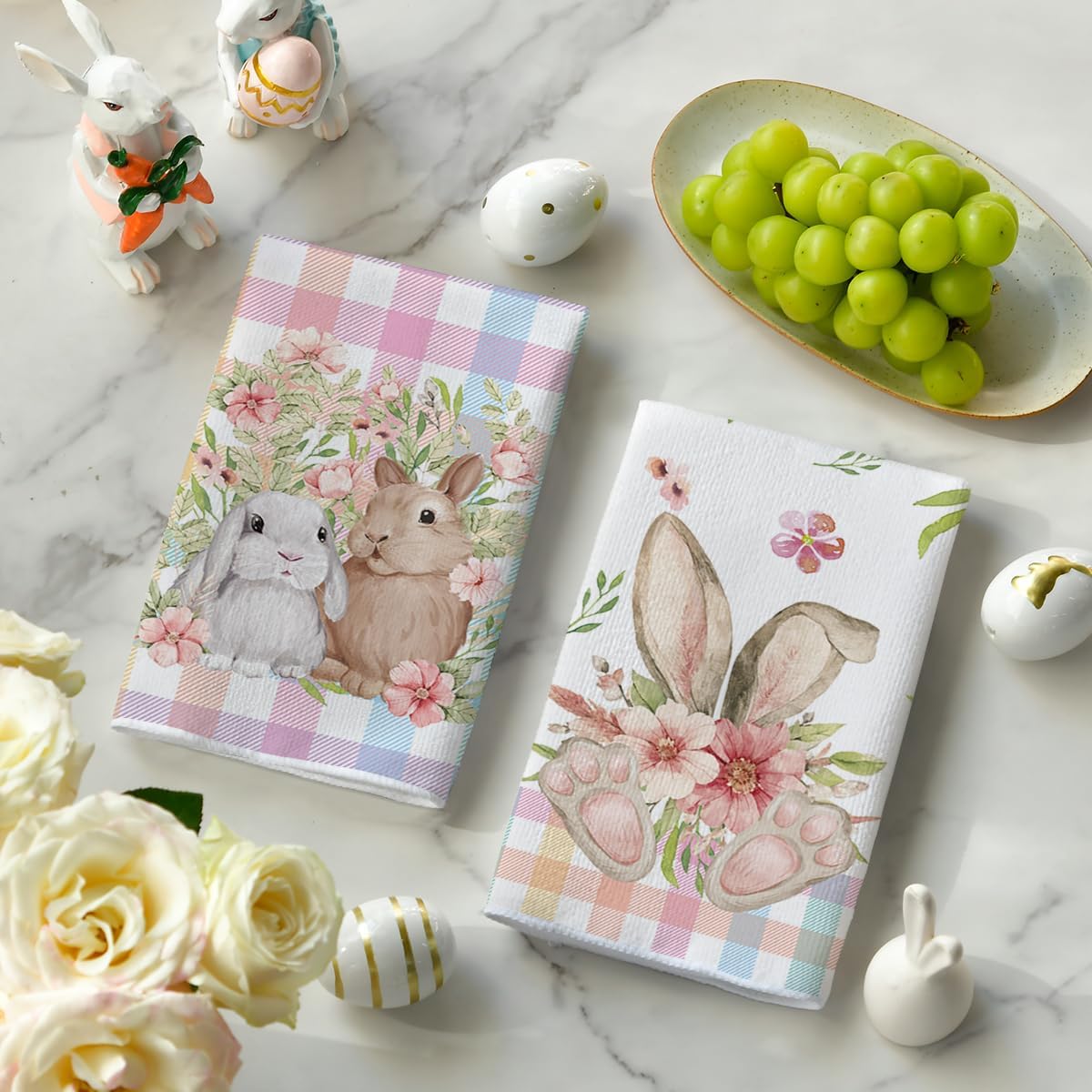 Colorful Buffalo Plaid Bunny Rabbit Flower Easter Kitchen Towels Dish Towels, 18x26 Inch Seasonal Decoration Hand Towels Set of 2 - Image 3