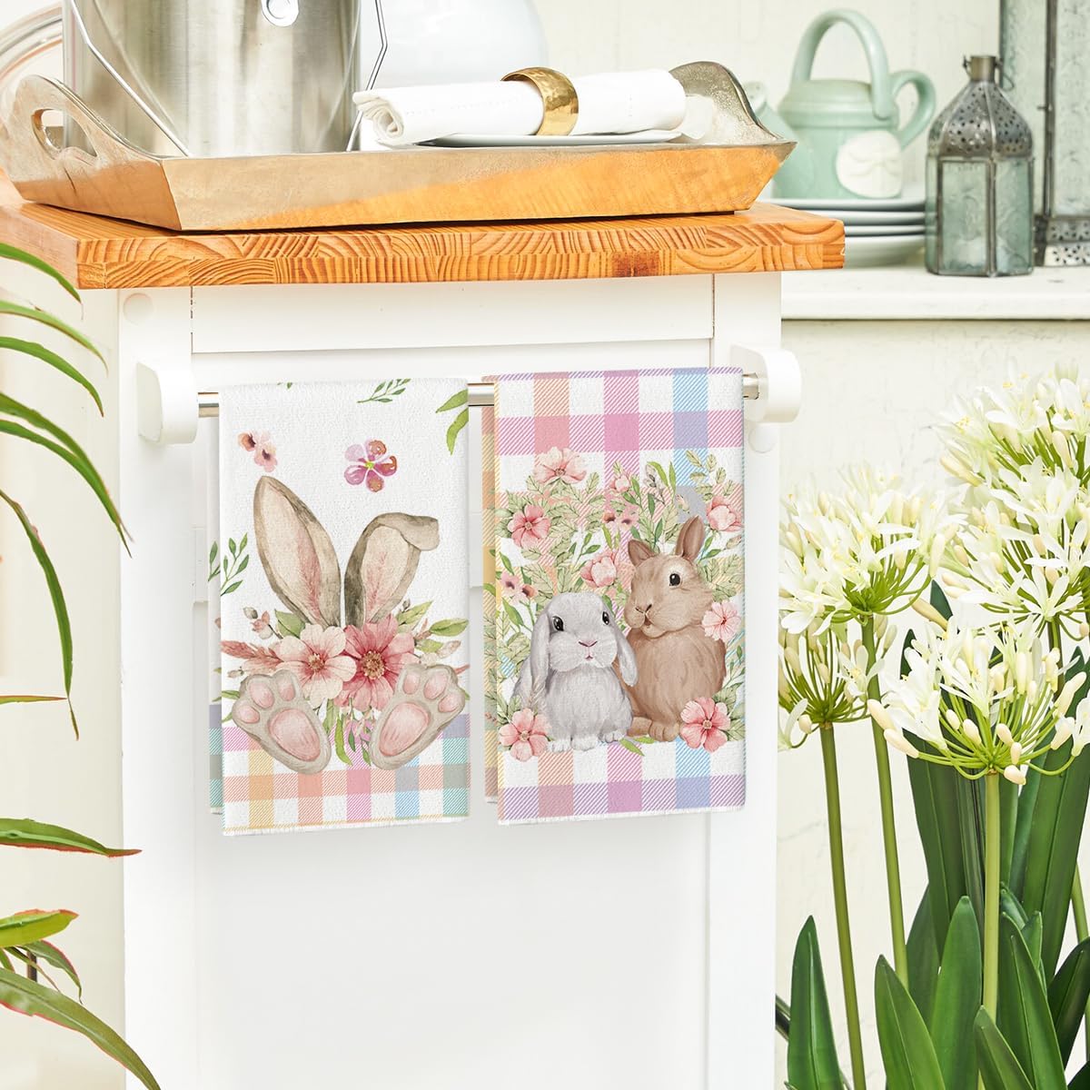 Colorful Buffalo Plaid Bunny Rabbit Flower Easter Kitchen Towels Dish Towels, 18x26 Inch Seasonal Decoration Hand Towels Set of 2 - Image 4