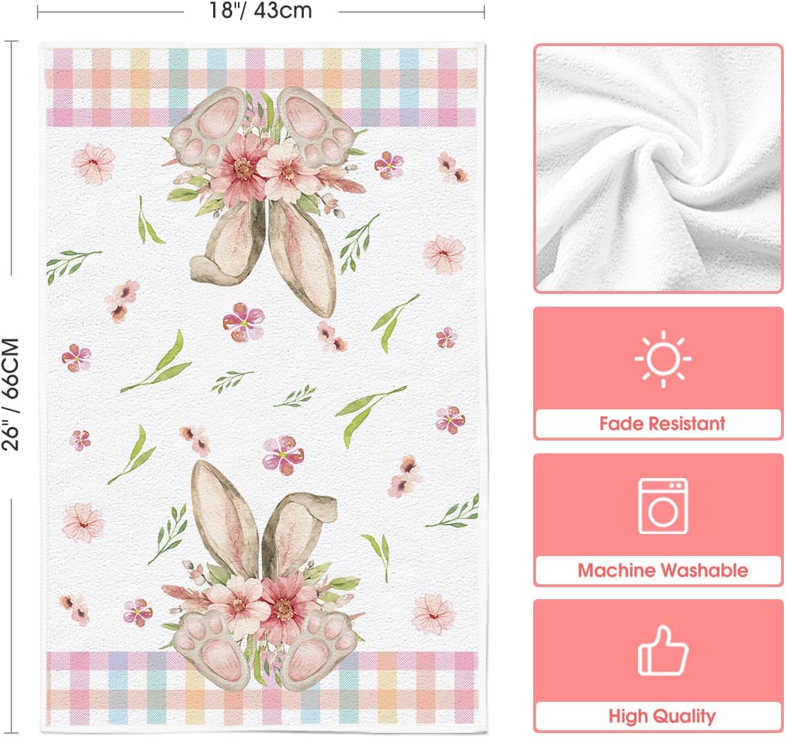 Colorful Buffalo Plaid Bunny Rabbit Flower Easter Kitchen Towels Dish Towels, 18x26 Inch Seasonal Decoration Hand Towels Set of 2 - Image 6