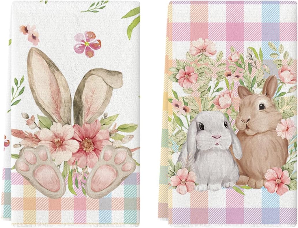 Colorful Buffalo Plaid Bunny Rabbit Flower Easter Kitchen Towels Dish Towels, 18x26 Inch Seasonal Decoration Hand Towels Set of 2 - Image 7