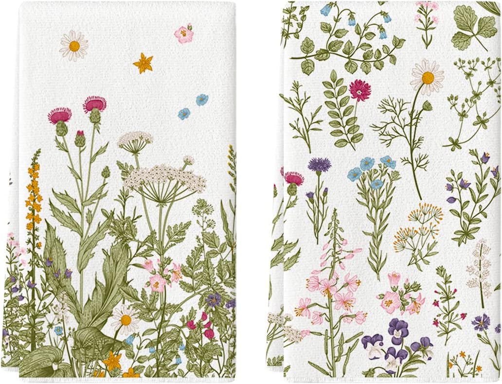Wildflower Floral Kitchen Towels Dish Towels, 18x26 Inch Leaves Holiday Decoration Hand Towels Set of 2 - Image 1