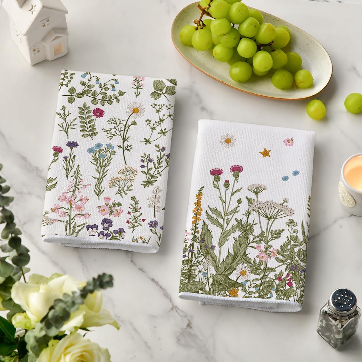 Wildflower Floral Kitchen Towels Dish Towels, 18x26 Inch Leaves Holiday Decoration Hand Towels Set of 2 - Image 3