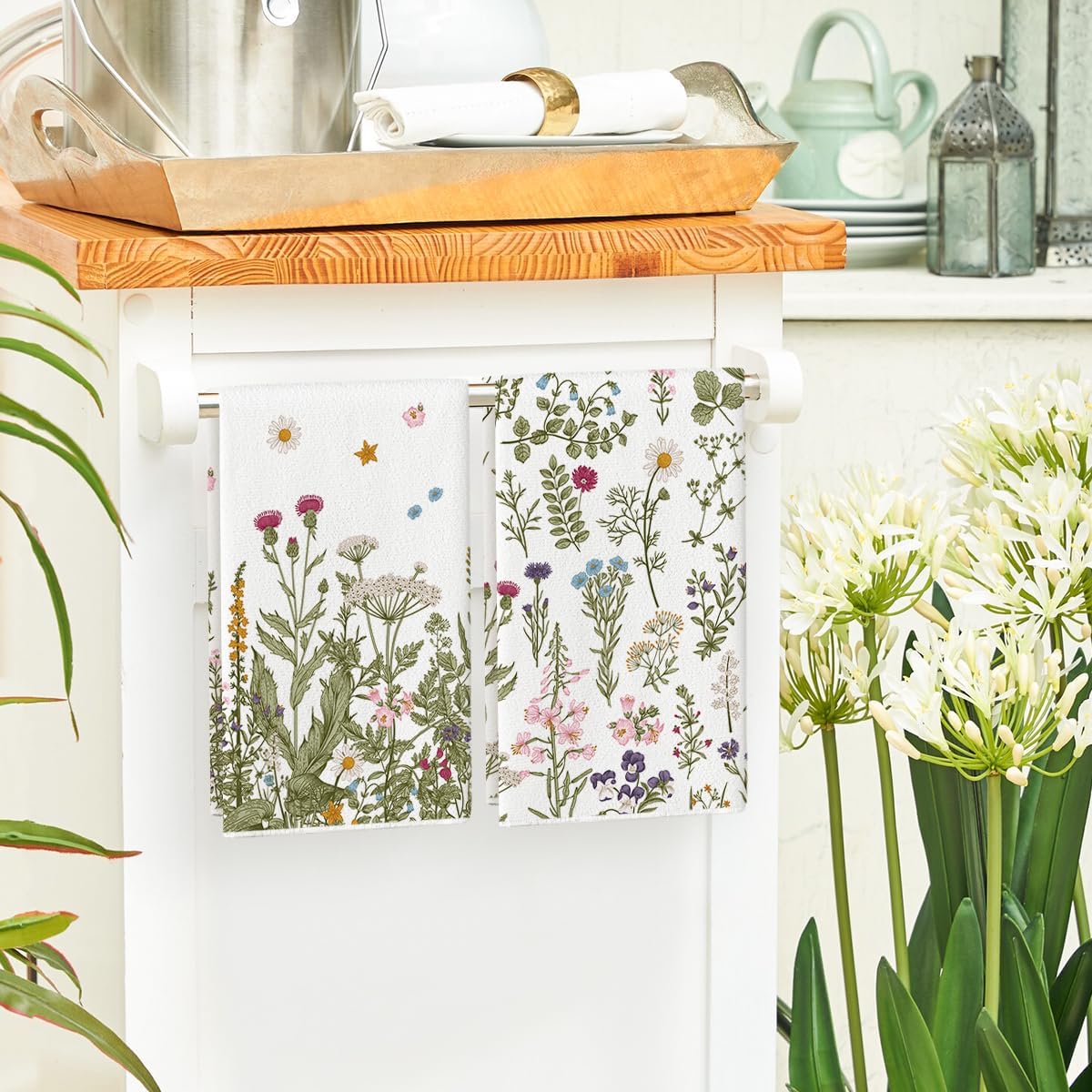 Wildflower Floral Kitchen Towels Dish Towels, 18x26 Inch Leaves Holiday Decoration Hand Towels Set of 2 - Image 4